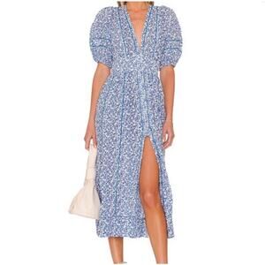 Poupette St Barth Rein MIDI Dress Floral Swiss Dot Medium Boho Puff Sleeve F16